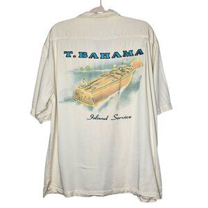 Tommy Bahama Mens‎ L Off-White Short Sleeve Shirt Pocket Island Service Boat